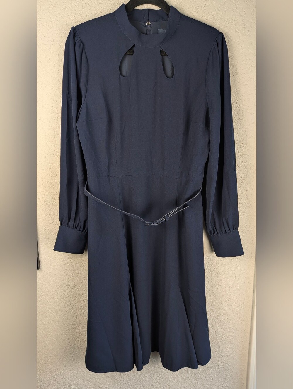 Modcloth Enjoy Every Moment Midi Dress Size 10 Navy LS Belted Keyhole Neck Retro